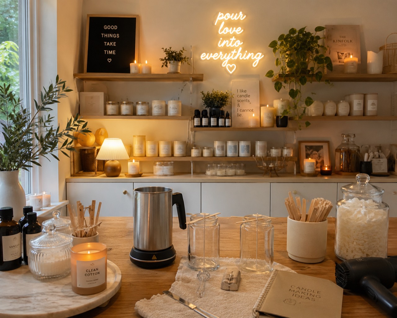 Candles by Janine candle studio with warm shelves and hand-pouring supplies.