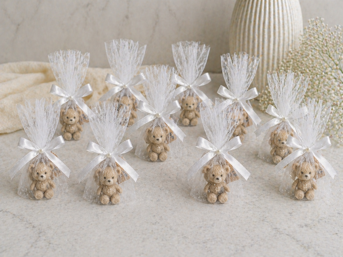 Teddy bear candle favors arranged for a custom order
